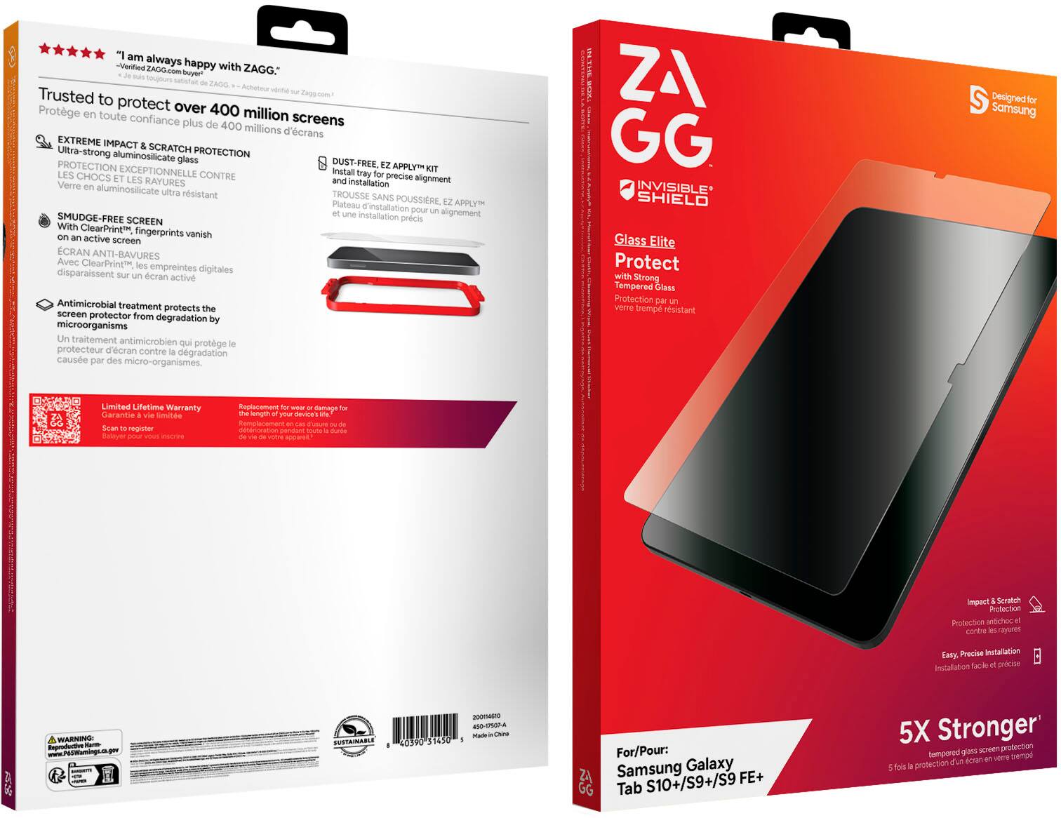 "I am always happy with -Verified ZAOG.com ZAGG." buyer toujours satisfait ZAGG Trusted to protect over 400 million screens in complete confidence plus de 400 millions d'crans EXTREME IMPACT Ultra-strong SCRATCH PROTECTION aluminosilicate glass PROTECTION DUST-FREE, EZ APPLY EXCEPTIONNELLE Install KIT LES CHOCS CONTRE tray for precise and installation alignment Verre aluminosilicate ultra résistant TROUSSE SANS POUSSIRE, Plateau EZ APPLY pour une installation alignement SMUDGE-FREE SCREEN prcis With ClearPrint fingerprints vanish active screen ECRAN ANTI-BAVURES Avec ClearPrint les empreintes digitales disparaissent sur cran activ Antimicrobial treatment protects the screen protector from degradation by microorganisms Un traitement antimicrobien qui protège le protecteur d'écran contre la dégradation causée par des micro-organismes. IN.THE.BOX ZAGG INVISIBLE* SHIELD Glass Elite Protect with Strong Tempered Glass Protection.