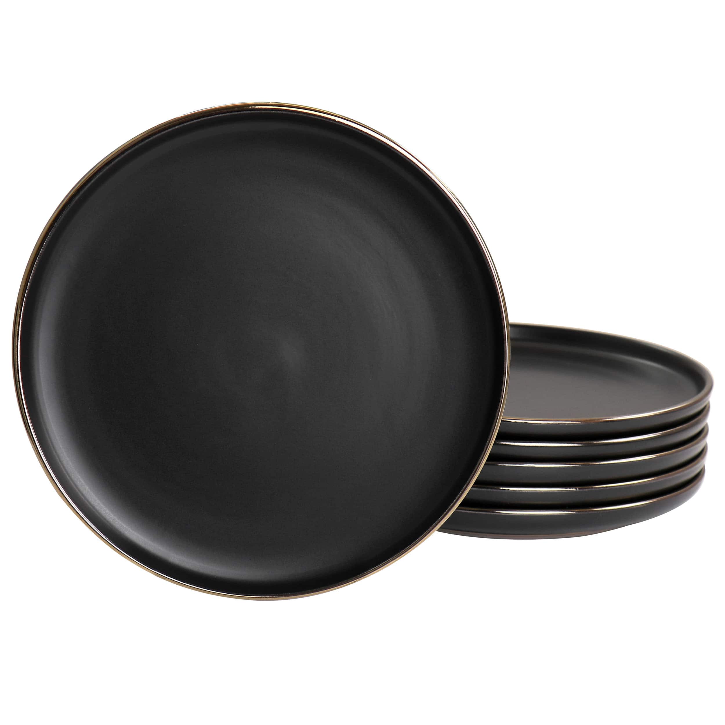 Front. Elama - Elama Paul 6 Piece Stoneware Salad Plate Set in Matte Black with Gold Rim - Black.