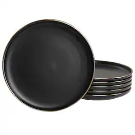 Elama - Paul 6 Piece Stoneware Salad Plate Set in Matte with Gold Rim - Black