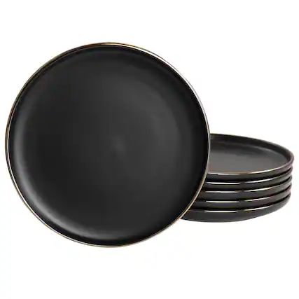 Front. Elama - Elama Paul 6 Piece Stoneware Salad Plate Set in Matte Black with Gold Rim - Black.