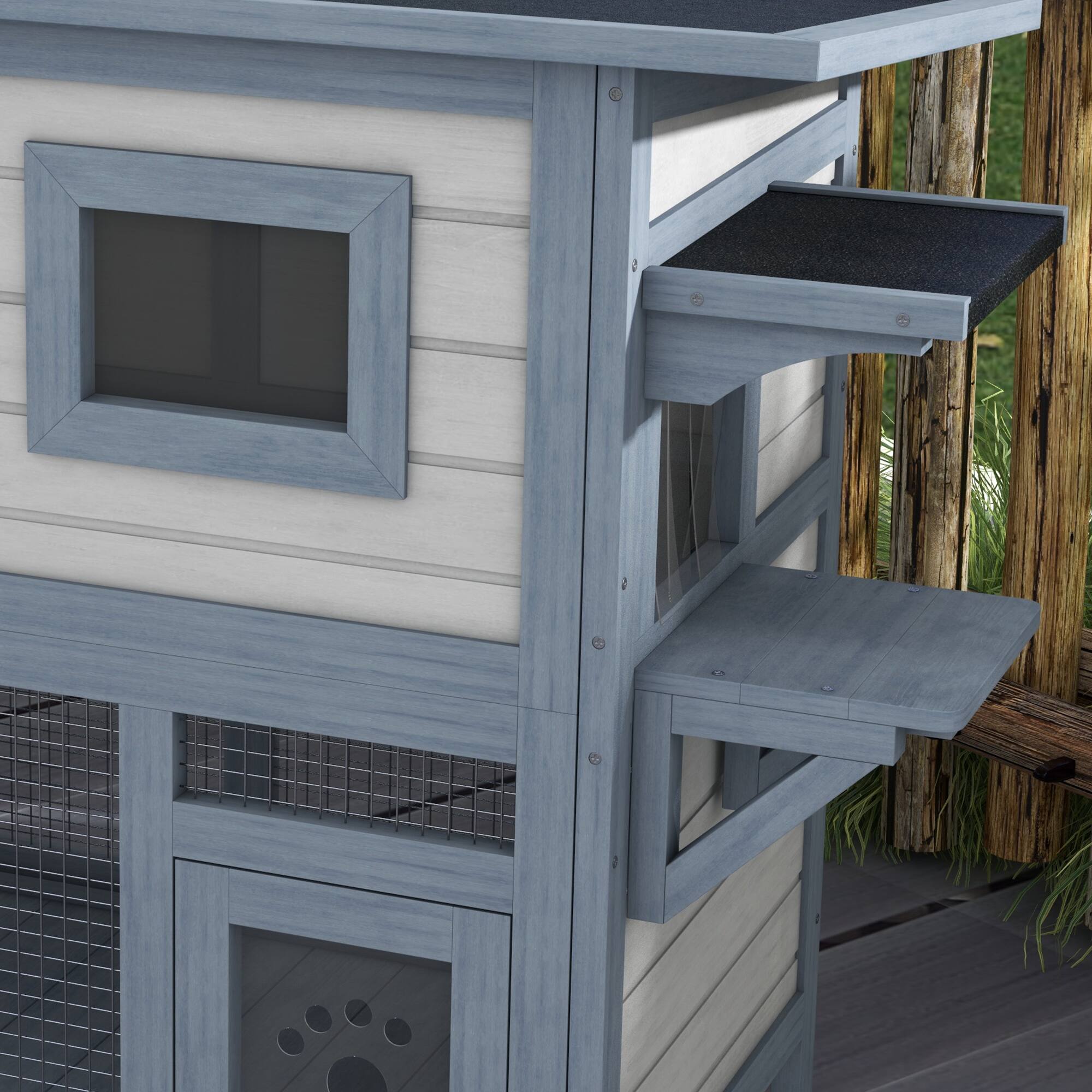 Alt View 5. Pawhut - Outdoor Cat House Weatherproof, 2-Story, Escape Door, Asphalt Roof, Jump Platform, Large Wooden, for Outside Feral Cats.