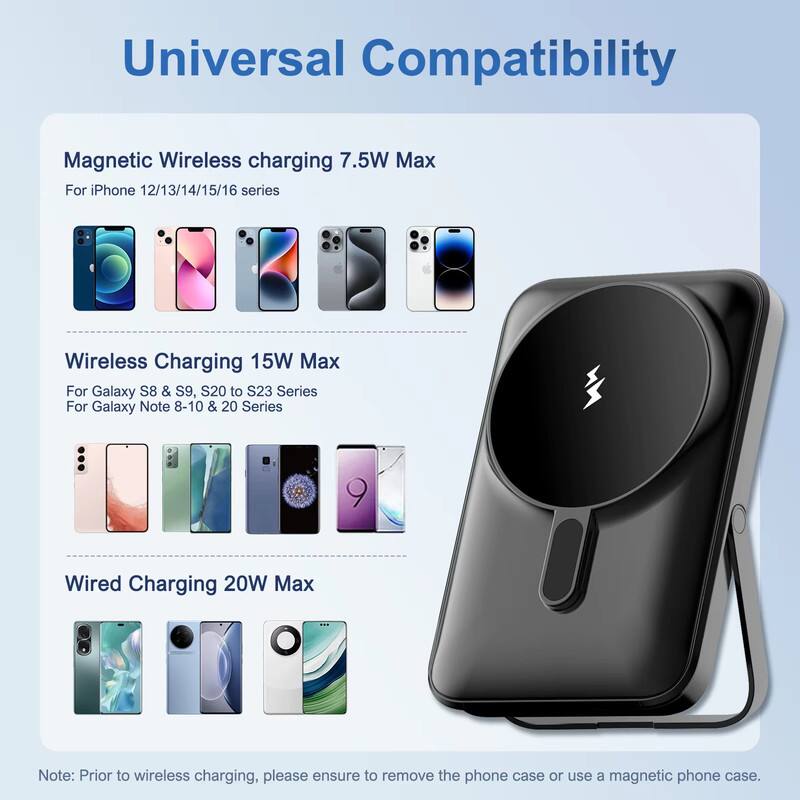 Universal Compatibility

Magnetic Wireless Charging 7.5W Max  
For iPhone 12/13/14/15/16 series

Wireless Charging 15W Max  
For Galaxy S8 & S9, S20 to S23 Series  
For Galaxy Note 8-10 & 20 Series

Wired Charging 20W Max

Note: Prior to wireless charging, please ensure to remove the phone case or use a magnetic phone case.