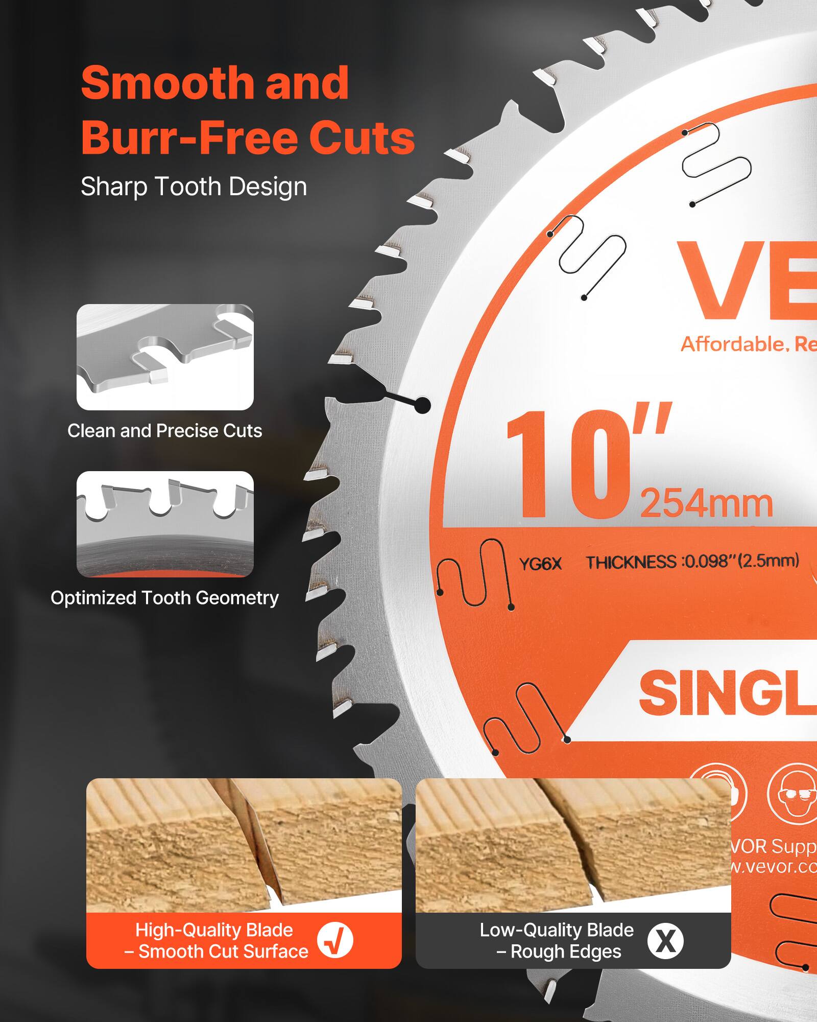 Smooth and Burr-Free Cuts  
Sharp Tooth Design  

Clean and Precise Cuts  

Optimized Tooth Geometry  

High-Quality Blade  
- Smooth Cut Surface  

Low-Quality Blade  
- Rough Edges  

10"  
254mm  

YG6X  
THICKNESS: 0.098" (2.5mm)  

Affordable, Re  

SINGL  

VOR Supp  
w.vevor.co