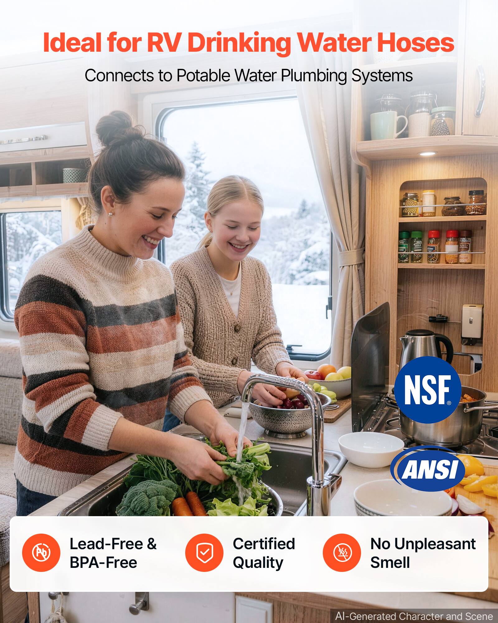 Ideal for RV Drinking Water Hoses  
Connects to Potable Water Plumbing Systems  

NSF  
ANSI  

Lead-Free & BPA-Free  
Certified Quality  
No Unpleasant Smell  

AI-Generated Character and Scene