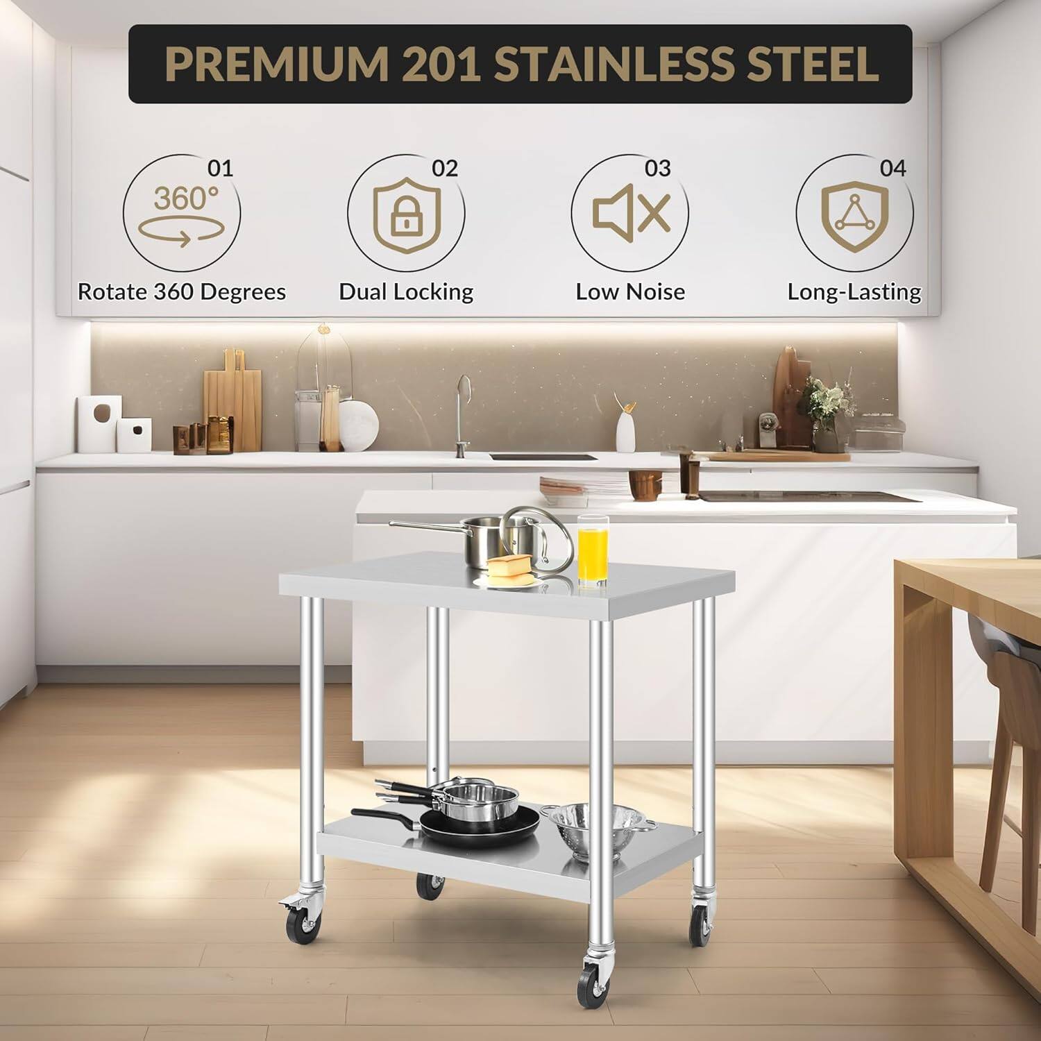 PREMIUM 201 STAINLESS STEEL

01 Rotate 360 Degrees  
02 Dual Locking  
03 Low Noise  
04 Long-Lasting