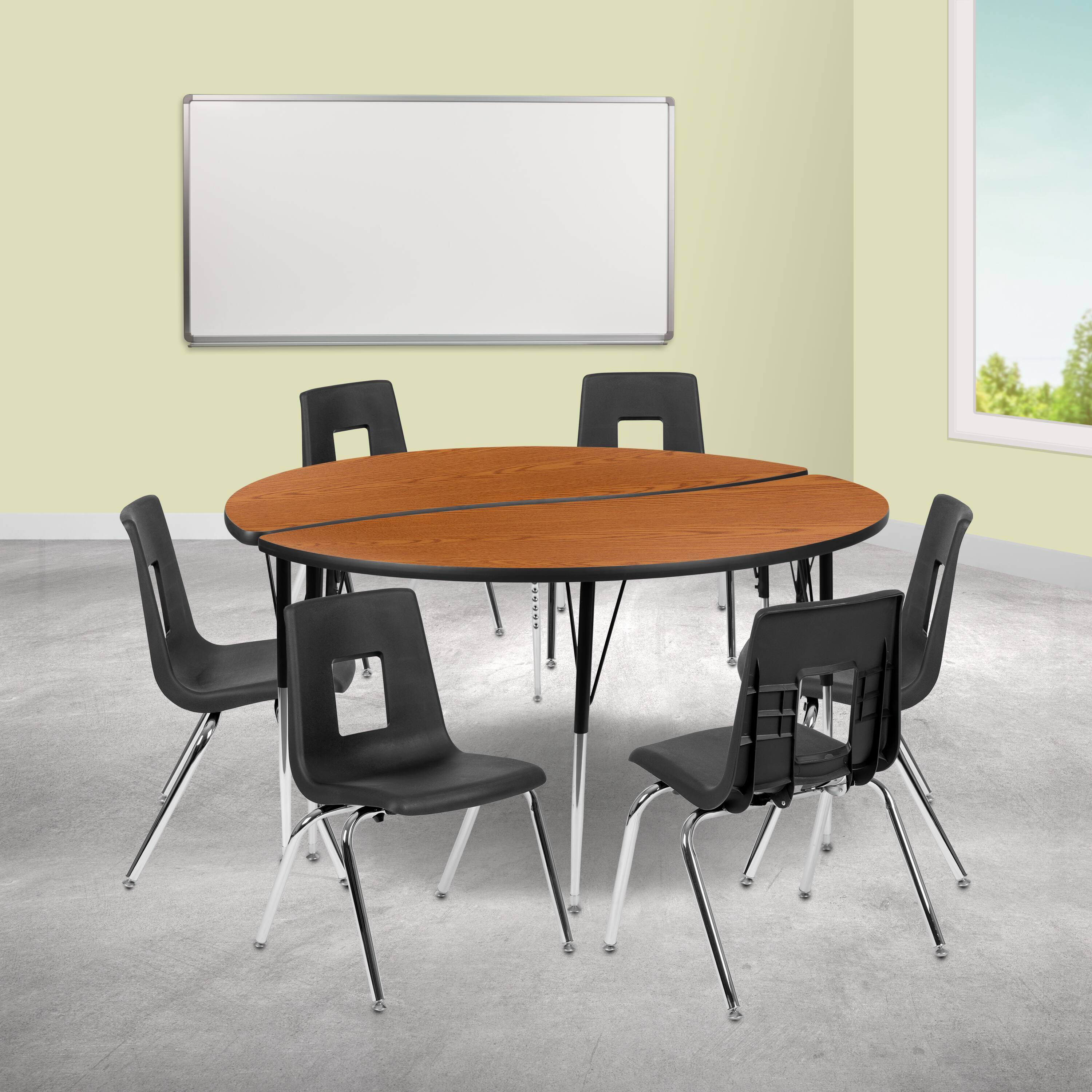 "Emma + Oliver - 60"" Circle Wave Collaborative Laminate Activity Table Set with 18"" Student Stack Chairs, Grey/Black - Oak" price history on PriceWatchPro