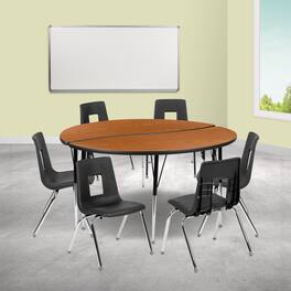 Emma + Oliver - 60" Circle Wave Collaborative Laminate Activity Table Set with 18" Student Stack Chairs, Grey/Black - Oak