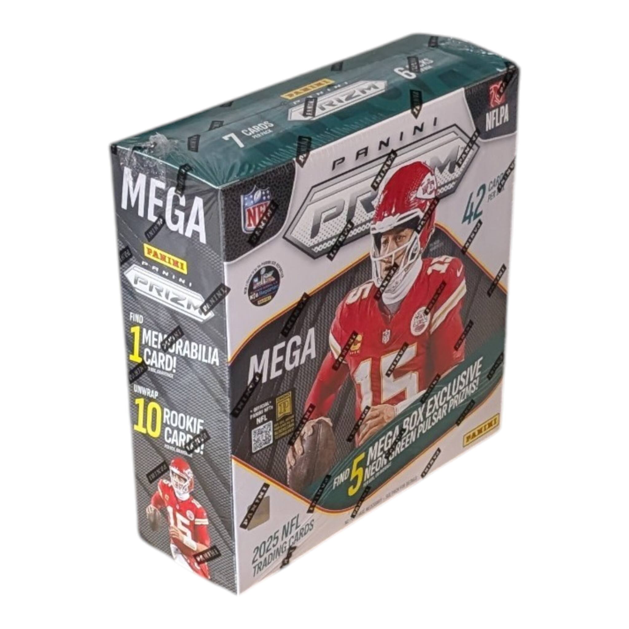 6 RIZM CARDS  
7 PANINI CARDS  
4 FANINI CARDS  
1 RIZM MEGA BOX  
0 000000 SC PANINI 42  
1 PANINI  
23 PRIZM CARDS  
FIND 1 MEMORABILIA CARD!  
MEGA EXCLUSIVE UNWRAP  
10 ROOKIE CARDS  
FIND 5 NEON GREEN PULSAR CARDS  
2025 CARDS
