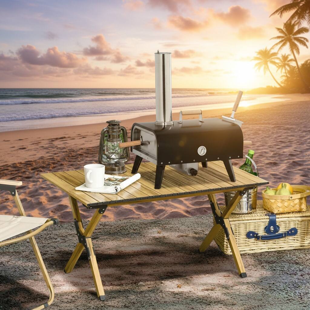 Alt View 5. Forest'nSky - Pizza Oven, Outdoor Wood-Fired with 12" Rotating Stone, Includes Peel & Waterproof Cover, Black - Black.