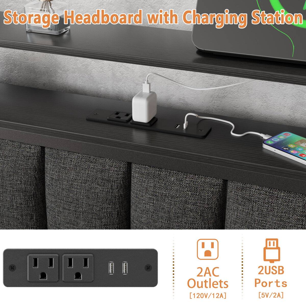 Storage Headboard with Charging Station  
2AC Outlets [120V/12A]  
2USB Ports [5V/2A]