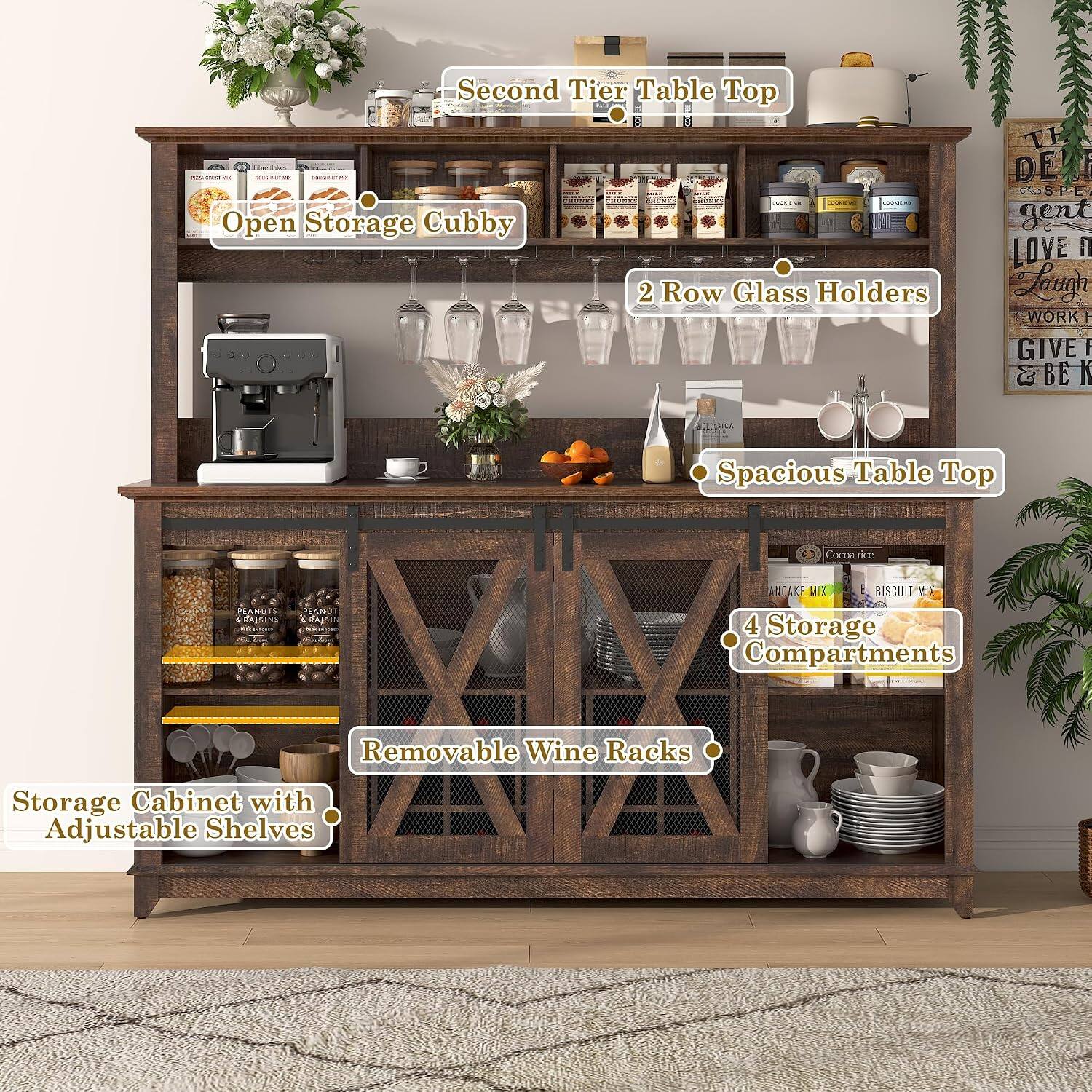 Second Tier Table Top  
Open Storage Cubby  
2 Row Glass Holders  
Spacious Table Top  
4 Storage Compartments  
Removable Wine Racks  
Storage Cabinet with Adjustable Shelves