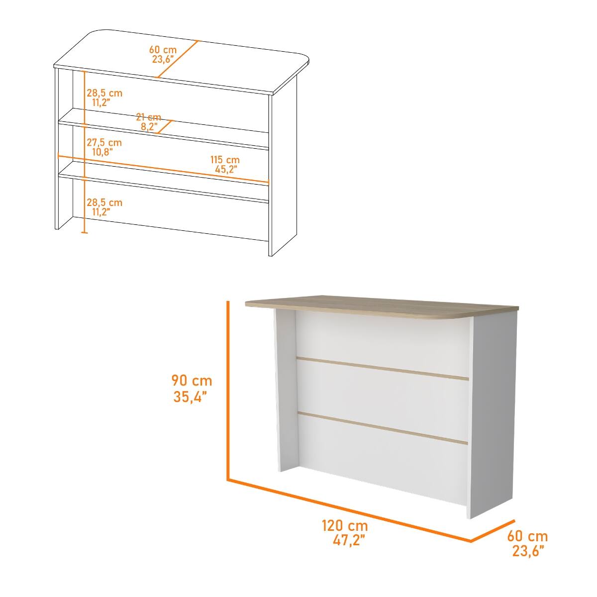 60 cm 23,6"  
28,5 cm 11,2"  
27,5 cm 10,8"  
21 cm 8,2"  
115 cm 45,2"  
90 cm 35,4"  
120 cm 47,2"