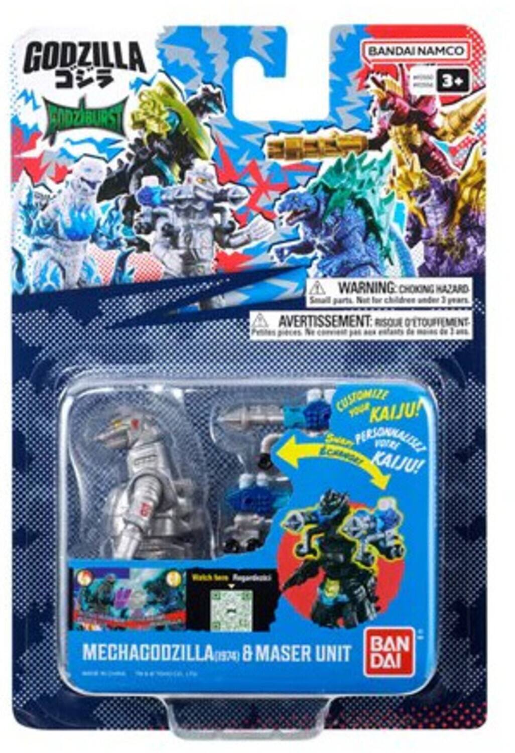 GODZILLA  
GODZBURST  
BANDAI NAMCO  
3+  
WARNING: CHOKING HAZARD  
Small parts. Not for children under 3 years.  
AVERTISSEMENT: RISQUE D'ÉTOUFFEMENT  
Petites pièces. Ne convient pas aux enfants de moins de 3 ans.  
CUSTOMIZE YOUR KAIJU!  
PERSONNALISEZ VOTRE KAIJU!  
MECHAGODZILLA (1974) & MASER UNIT