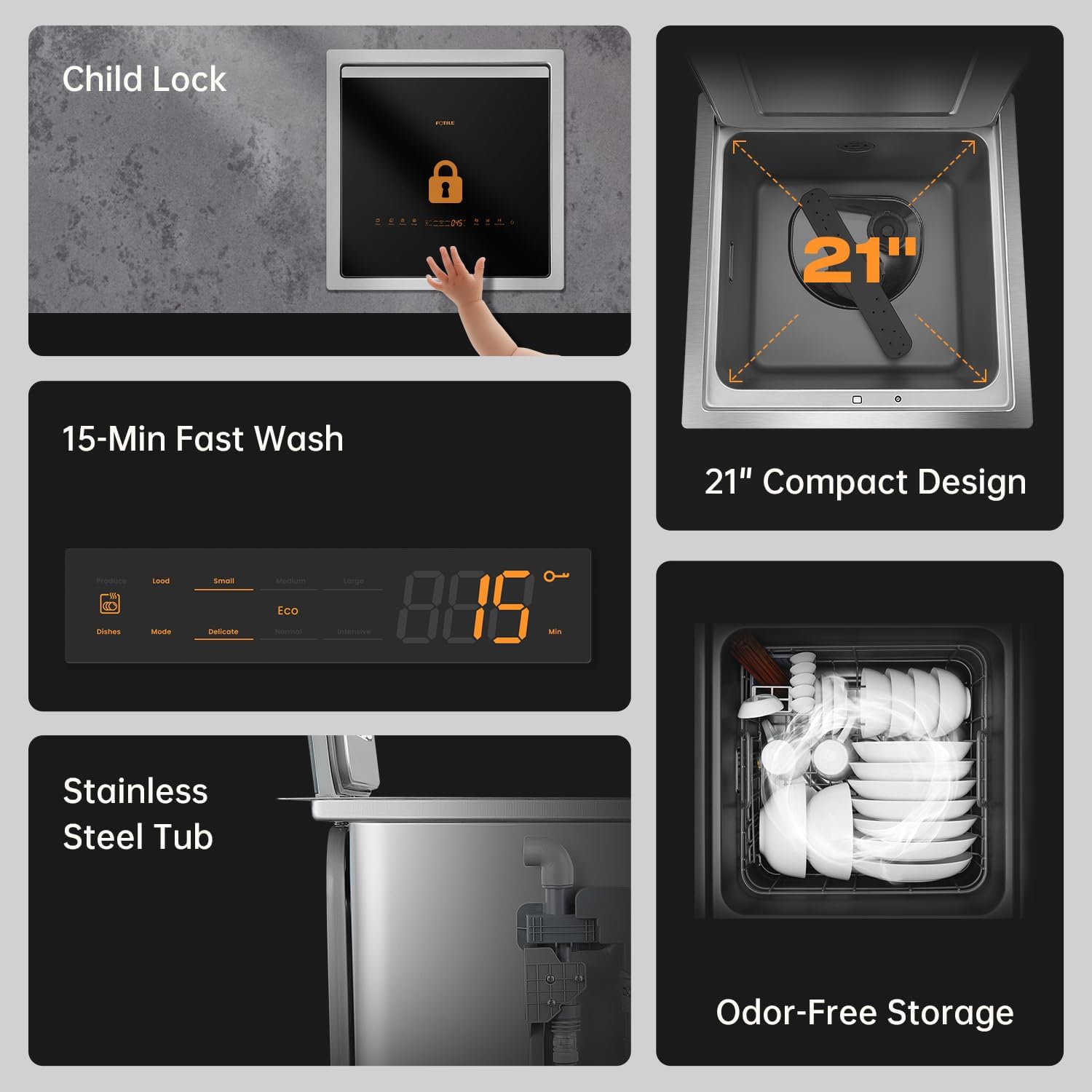 Child Lock in 21" 15-Min Fast Wash 21" Compact Design - Stainless Steel Tub - Eco Mode - Eco-Friendly - 885 - Odor-Free Storage