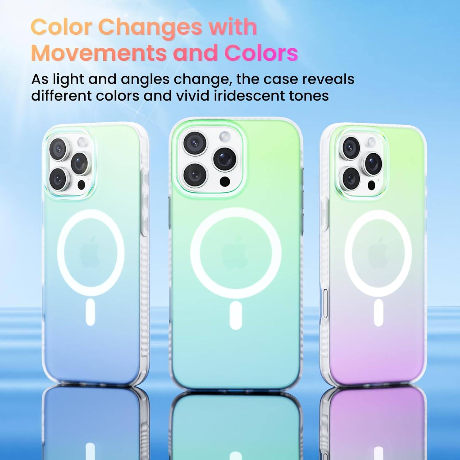 Color Changes with Movements and Colors

As light and angles change, the case reveals different colors and vivid iridescent tones