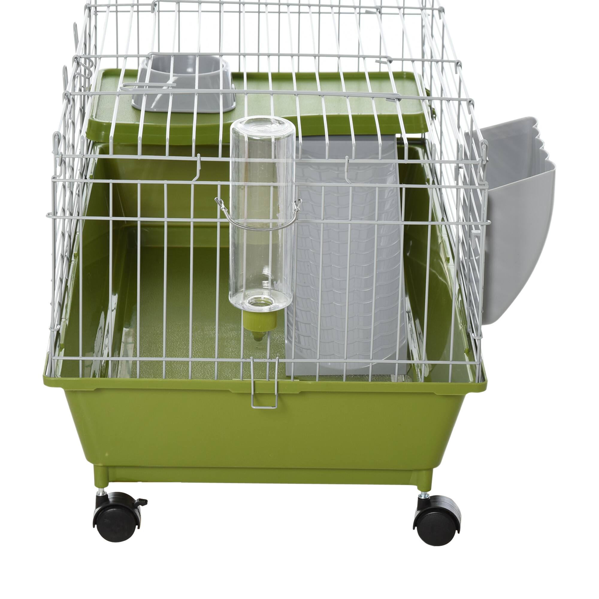 Alt View 4. Pawhut - 35"L Small Animal Cage, Rolling Bunny Cage, Guinea Pig Cage with Food Dish, Water Bottle, Hay Feeder, Platform, Ramp.