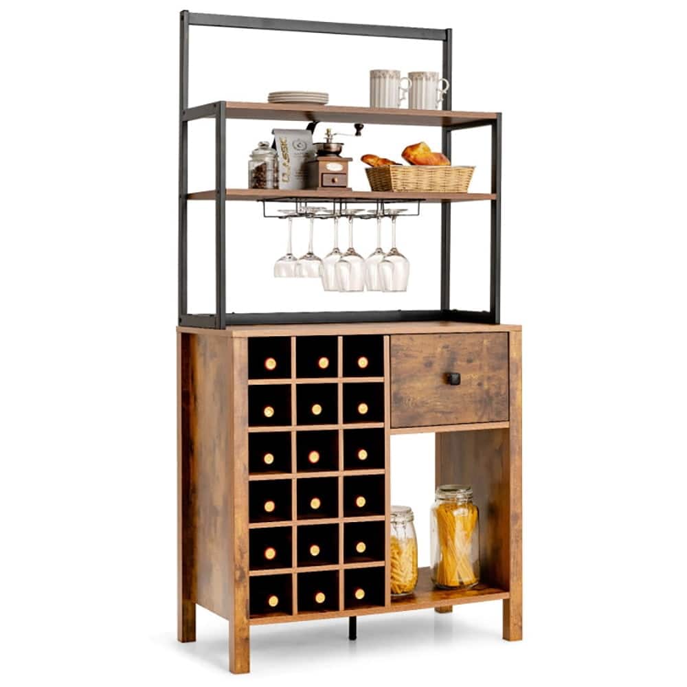 Kadyn - Kitchen Bakers Rack Freestanding Wine Rack with Glass Holder and Drawer-Rustic Brown, Storage Rack Microwave Oven Stand - Brown