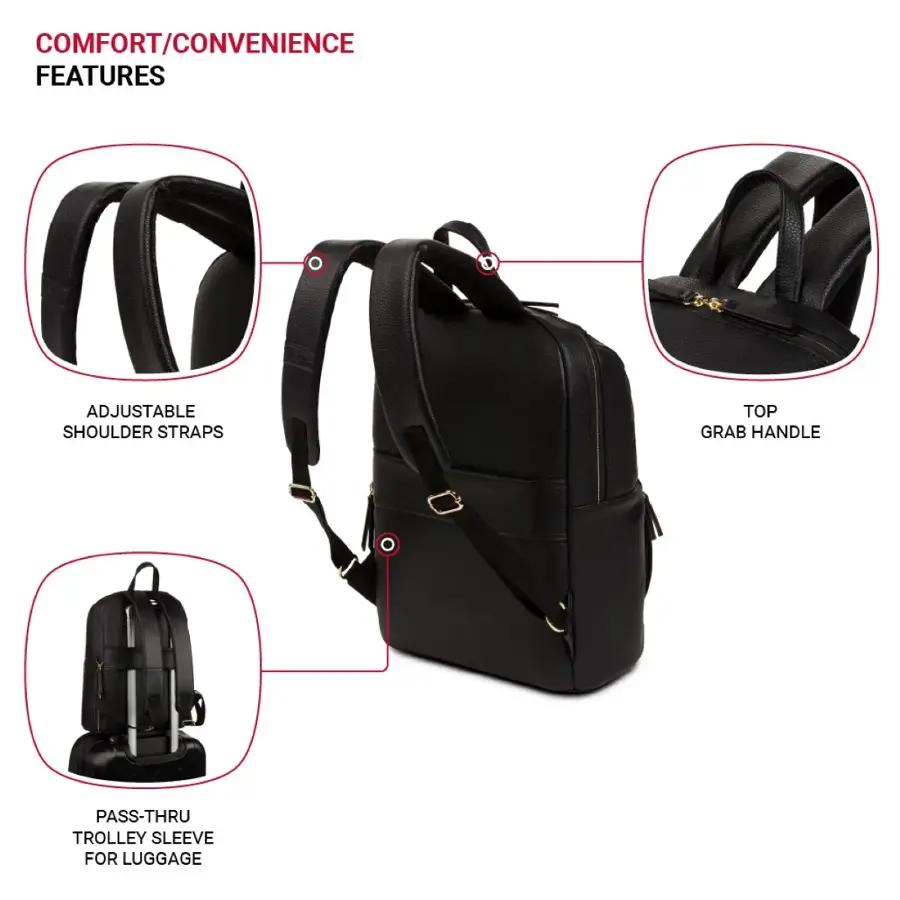 The image features a black backpack with various comfort and convenience features. These features include adjustable shoulder straps, a top grab handle, a pass-thru trolley sleeve, and a luggage sleeve. The backpack is designed to provide comfort and ease of use for the wearer, making it a practical choice for daily commutes or travel.