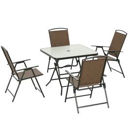 Outsunny - Pieces Patio Table and Chairs, Foldable Wicker Outdoor Dining Table Set with Umbrella Hole - Brown