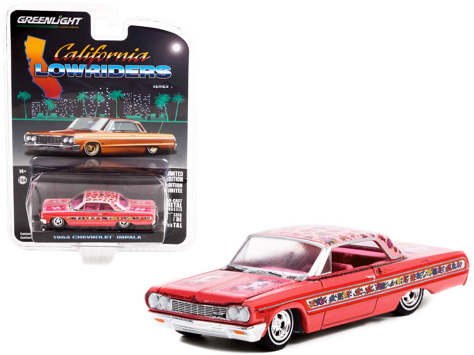 1964 Chevrolet Impala Lowrider Pink Metallic with Rose Graphics and Pink Interior 1/64 Diecast Model Car by Greenlight price history on PriceWatchPro