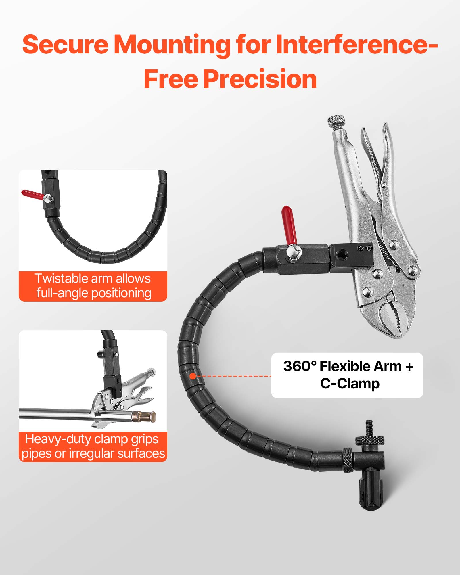 Secure Mounting for Interference-Free Precision

Twistable arm allows full-angle positioning

360° Flexible Arm + C-Clamp

Heavy-duty clamp grips pipes or irregular surfaces