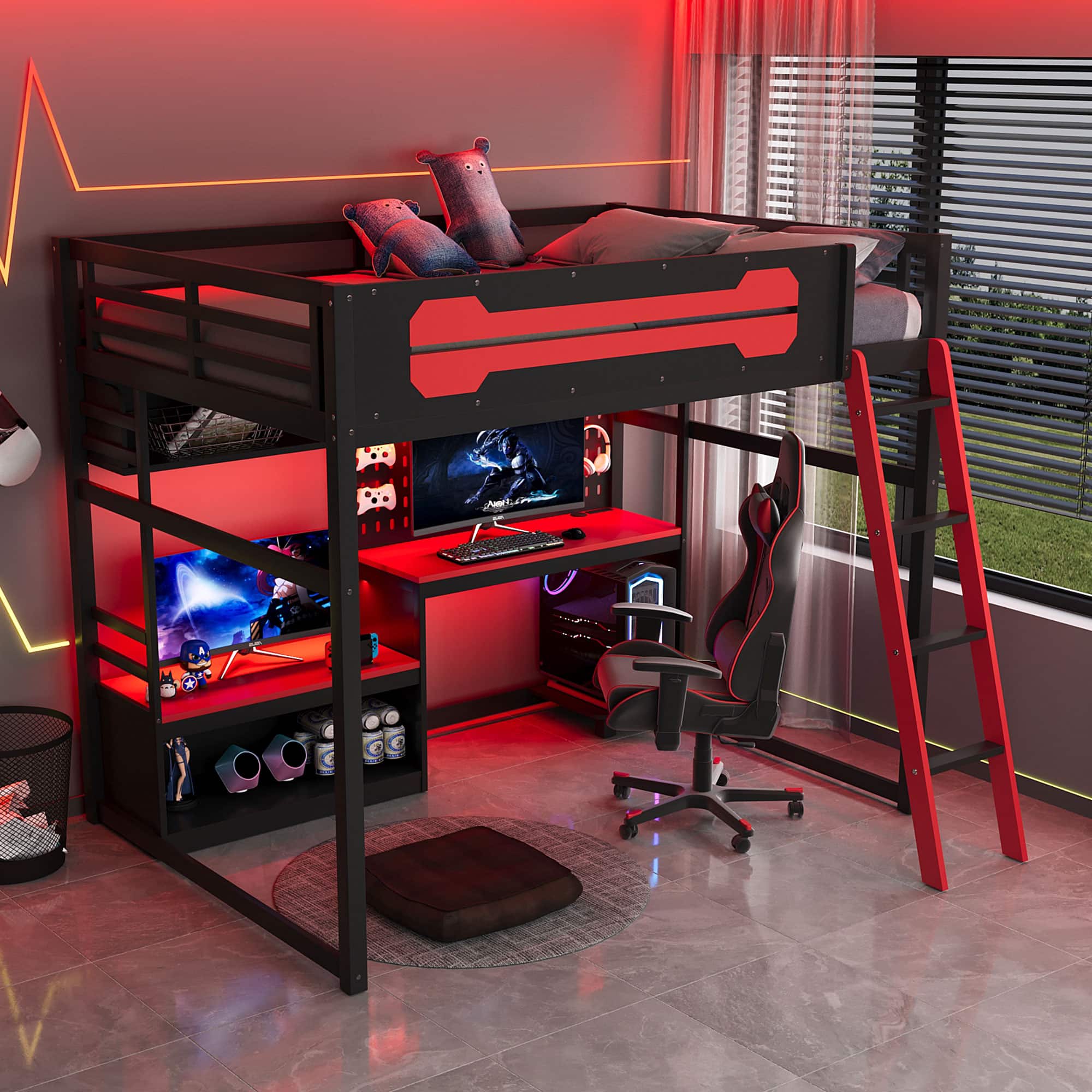 Anysun - Full Size Wood Loft Bed with Desk - Includes Shelves, LED Lights, USB Ports and Pegboard - Red