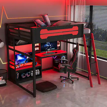 Front. Anysun - Full Size Wood Loft Bed with Desk - Includes Shelves, LED Lights, USB Ports and Pegboard - Red.