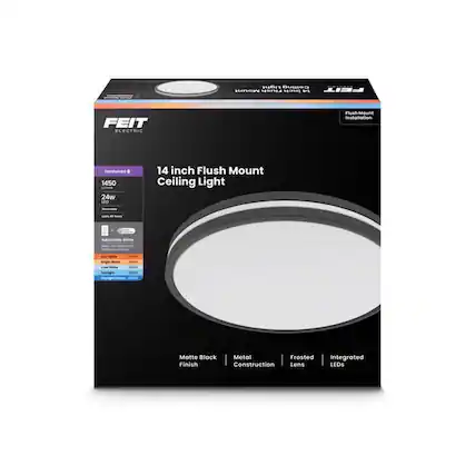 FEIT Electric 14 inch Flush Mount Ceiling Light
- Matte Black Finish
- Metal Construction
- Frosted Lens
- Integrated LEDs
- 24w
- 1450 Lumens
- Adjustable White
- 2700K, 3000K, 4000K, 5000K
- Hardwired
- Flush Mount Installation