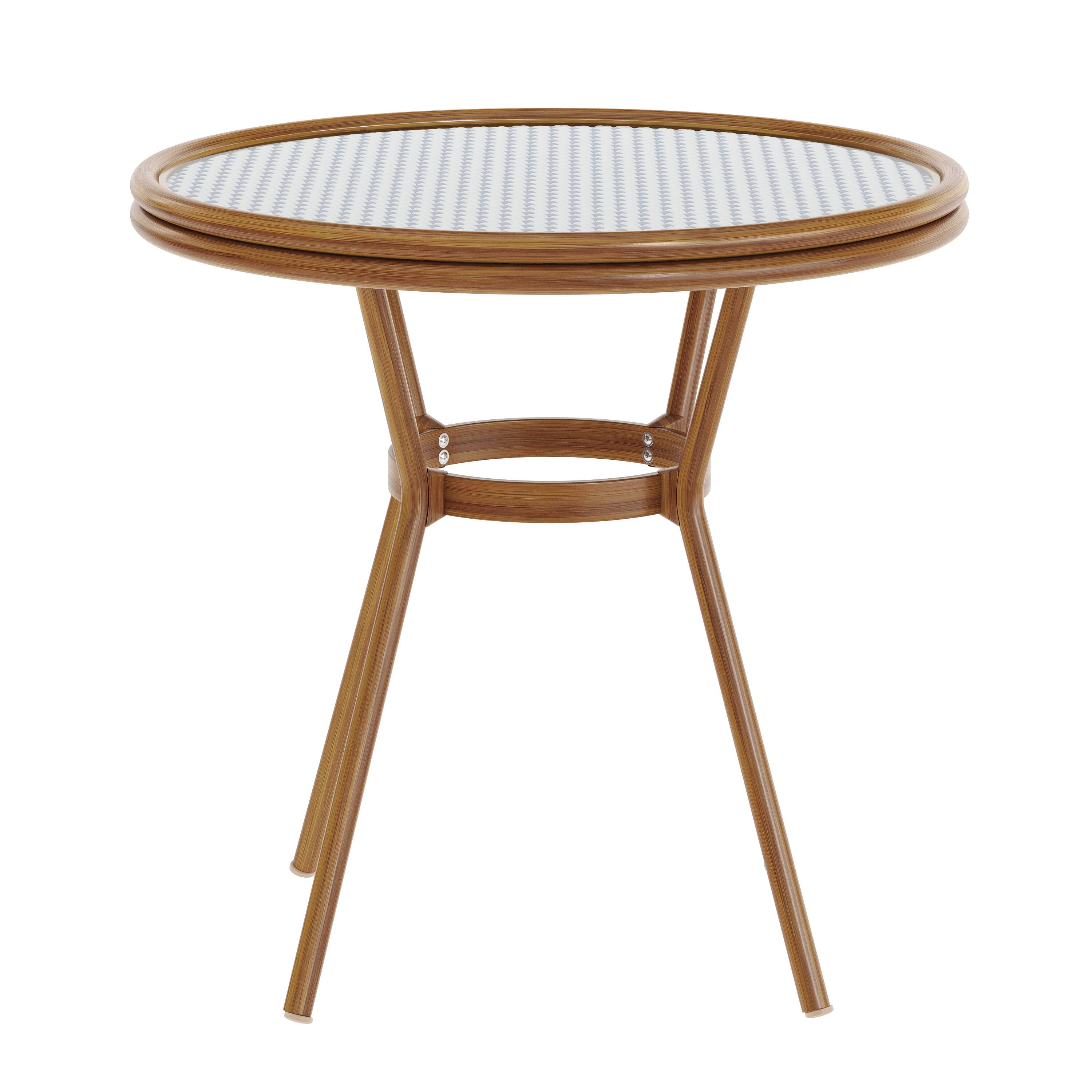 Alt View 7. Emma + Oliver - Colmar Indoor/Outdoor Bistro Style 31.5 in. Table with PE Rattan, Glass Top, and Bamboo Finished Metal Frame - White & Navy Rattan/Natural Frame.