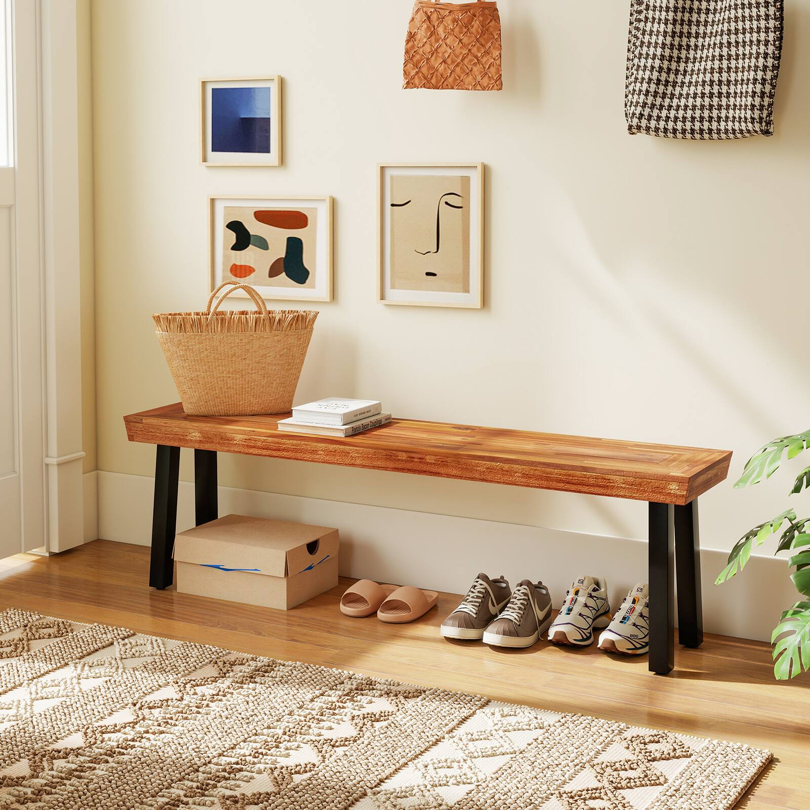 Alt View 1. Gymax - Gymax Outdoor Acacia Wood Benches Set of 2 w/ Slatted Top & Flared Metal Legs - Brown.