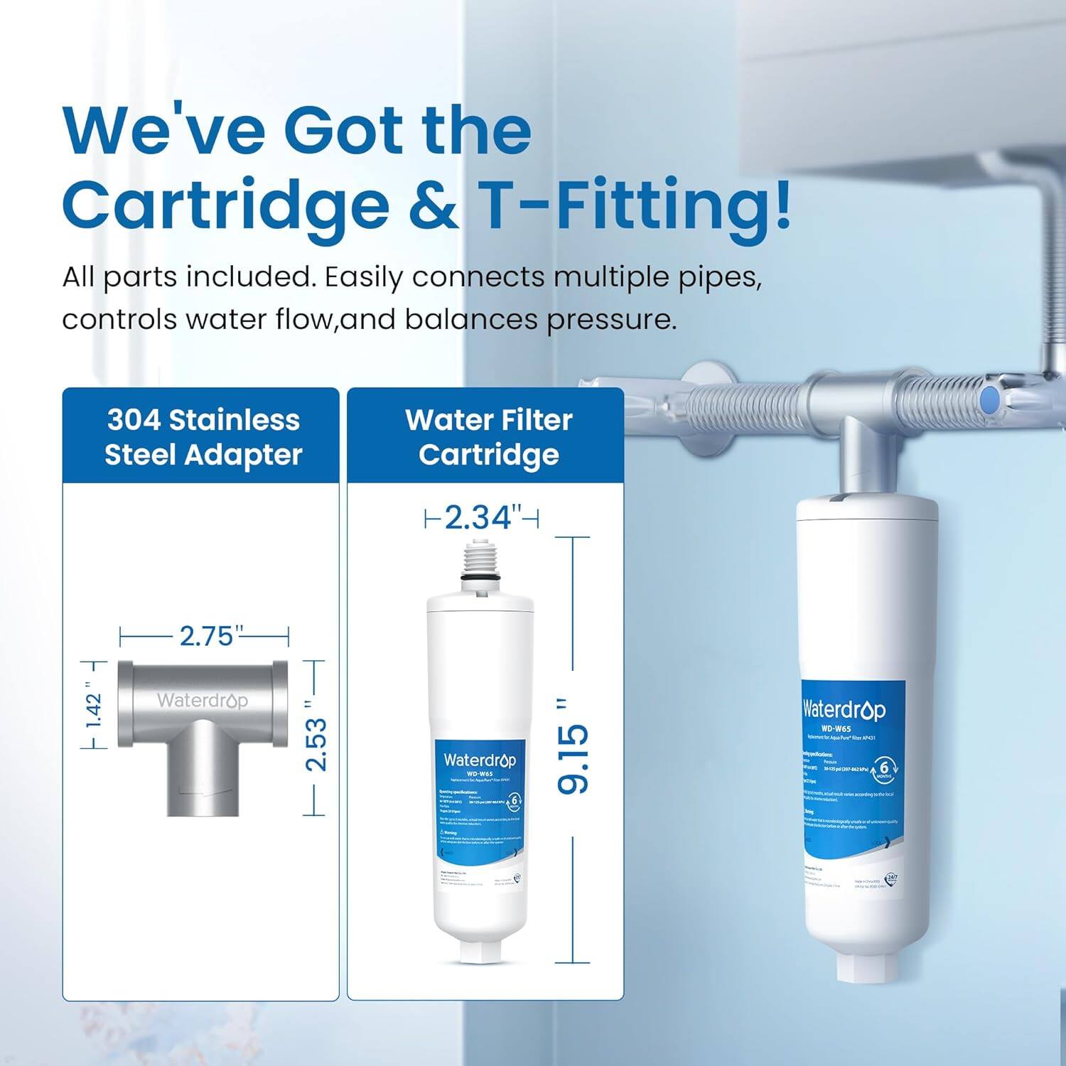 We've Got the Cartridge & T-Fitting! All parts included. Easily connects multiple pipes, controls water flow, and balances pressure. 304 Stainless Steel Adapter Water Filter Cartridge -2.34" - 1.42 2.75 Waterdrop T = 2.53 Waterdrop - -- = 9.15 Waterdrop RD-WGS 6