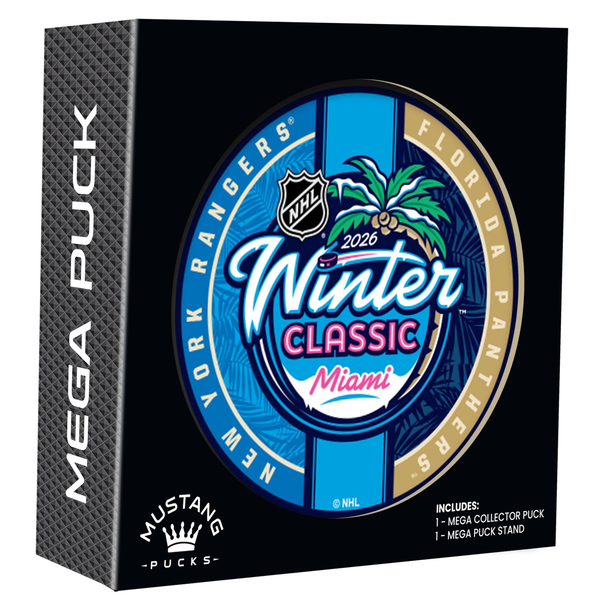 MEGA PUCK  
NEW YORK RANGERS  
FLORIDA PANTHERS  
NHL 2026  
Winter Classic  
Miami  

INCLUDES:  
1 - MEGA COLLECTOR PUCK  
1 - MEGA PUCK STAND  

MUSTANG - PUCKS -