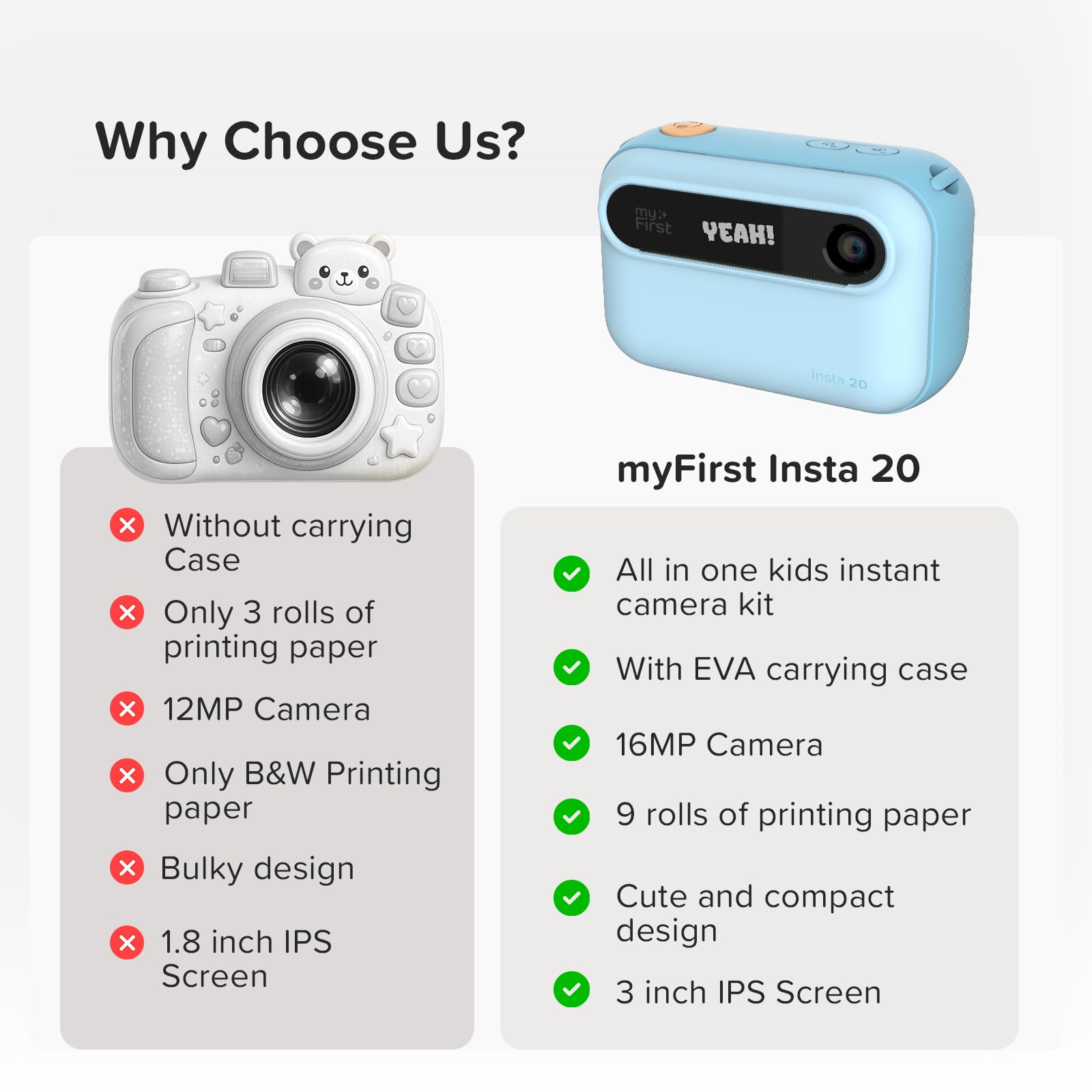 Why Choose Us?

- Without carrying Case
- Only 3 rolls of printing paper
- 12MP Camera
- Only B&W Printing paper
- Bulky design
- 1.8 inch IPS Screen

myFirst Insta 20

- All in one kids instant camera kit
- With EVA carrying case
- 16MP Camera
- 9 rolls of printing paper
- Cute and compact design
- 3 inch IPS Screen