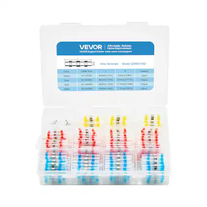 Affordable. Reliable. VEVOR Home Improvement. VEVOR Support Center www.vevor.com/support
Wire Terminals
Model: SDM031652
| Color | Cable Size | L (40mm) | A | Quantity |
|-------|-----------|---------|---|----------|
| Yellow | 12-10AWG | 40mm (1.57in) | 6mm (0.236in) | 32pcs |
| Blue | 16-14AWG | 40mm (1.57in) | 4.5mm (0.177in) | 100pcs |
| Red | 22-18AWG | 40mm (1.57in) | 2.7mm (0.106in) | 150pcs |
| White | 26-24AWG | 26mm (1.02in) | 1.7mm (0.067in) | 48pcs |