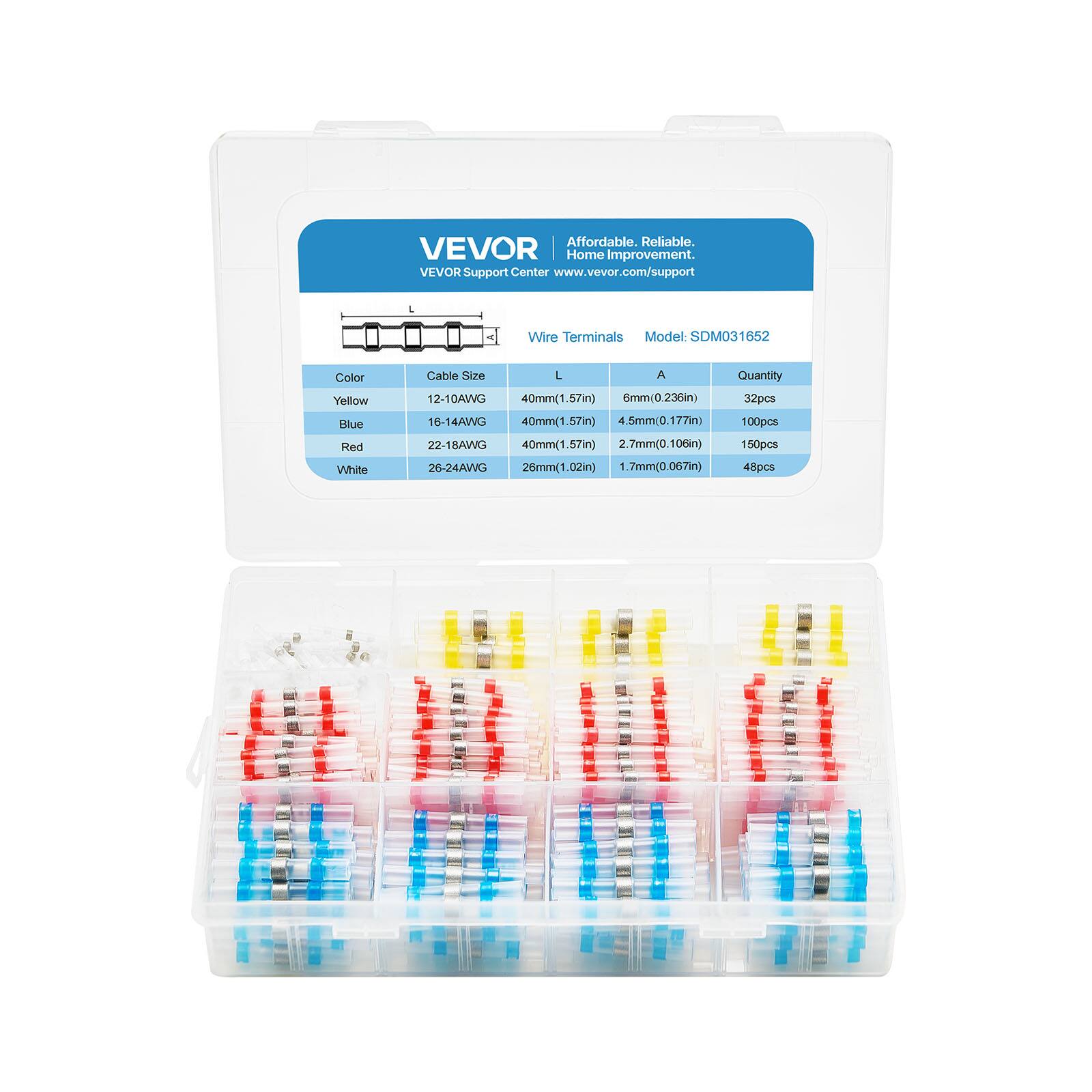 Affordable. Reliable. VEVOR Home Improvement. VEVOR Support Center www.vevor.com/support

Wire Terminals  
Model: SDM031652

| Color | Cable Size | L (40mm) | A | Quantity |
|-------|-----------|---------|---|----------|
| Yellow | 12-10AWG | 40mm (1.57in) | 6mm (0.236in) | 32pcs |
| Blue | 16-14AWG | 40mm (1.57in) | 4.5mm (0.177in) | 100pcs |
| Red | 22-18AWG | 40mm (1.57in) | 2.7mm (0.106in) | 150pcs |
| White | 26-24AWG | 26mm (1.02in) | 1.7mm (0.067in) | 48pcs |
