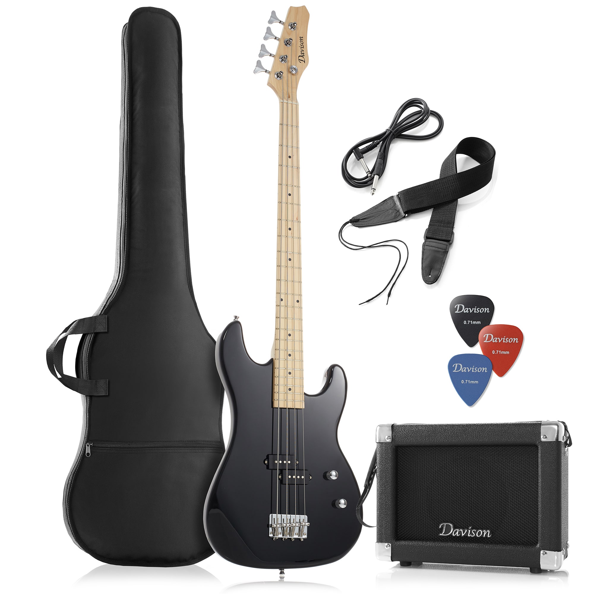 Davison Guitars - Electric Bass Guitar with 15-Watt Amp - Right Handed Beginner Kit - Black