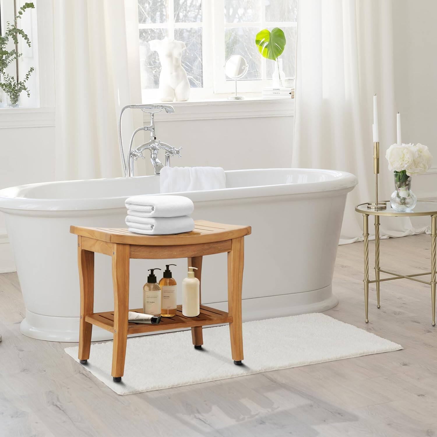 Angle. Decksplore - Waterproof Teak Shower Bench whit Shelf whit Non-Slip Feet, Heavy Duty Shower Chair for Inside Shower - teak.