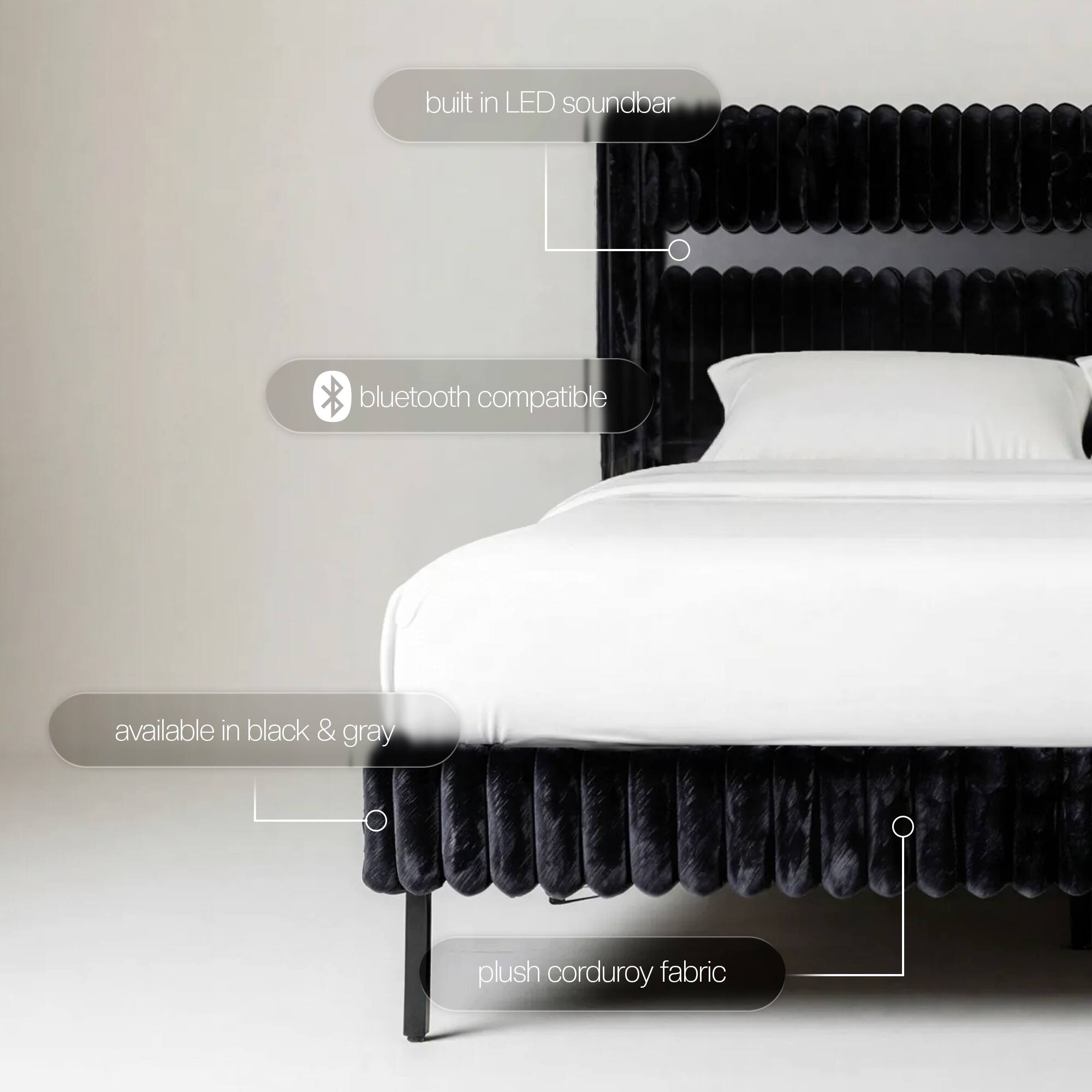 - Built-in LED soundbar
- Bluetooth compatible
- Available in black & gray
- Plush corduroy fabric