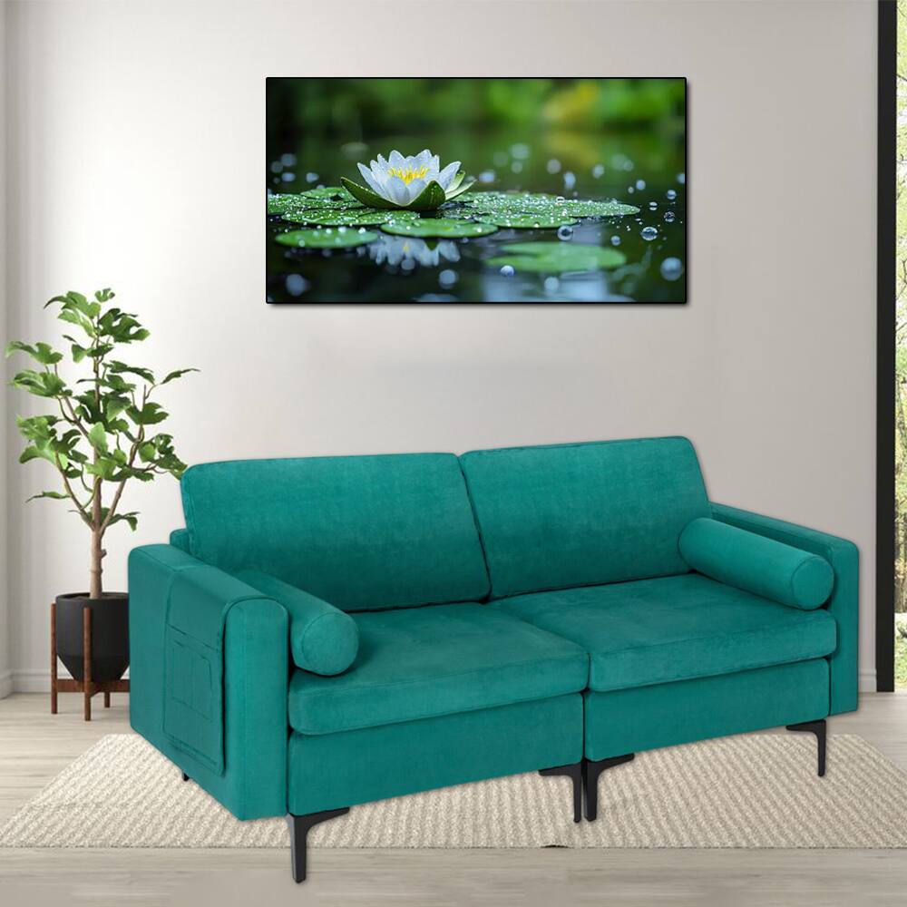 Front. Hivvago - Contemporary Loveseat Sofa with Dual Bolster Pillows and Convenient Side Storage Pocket - Teal.