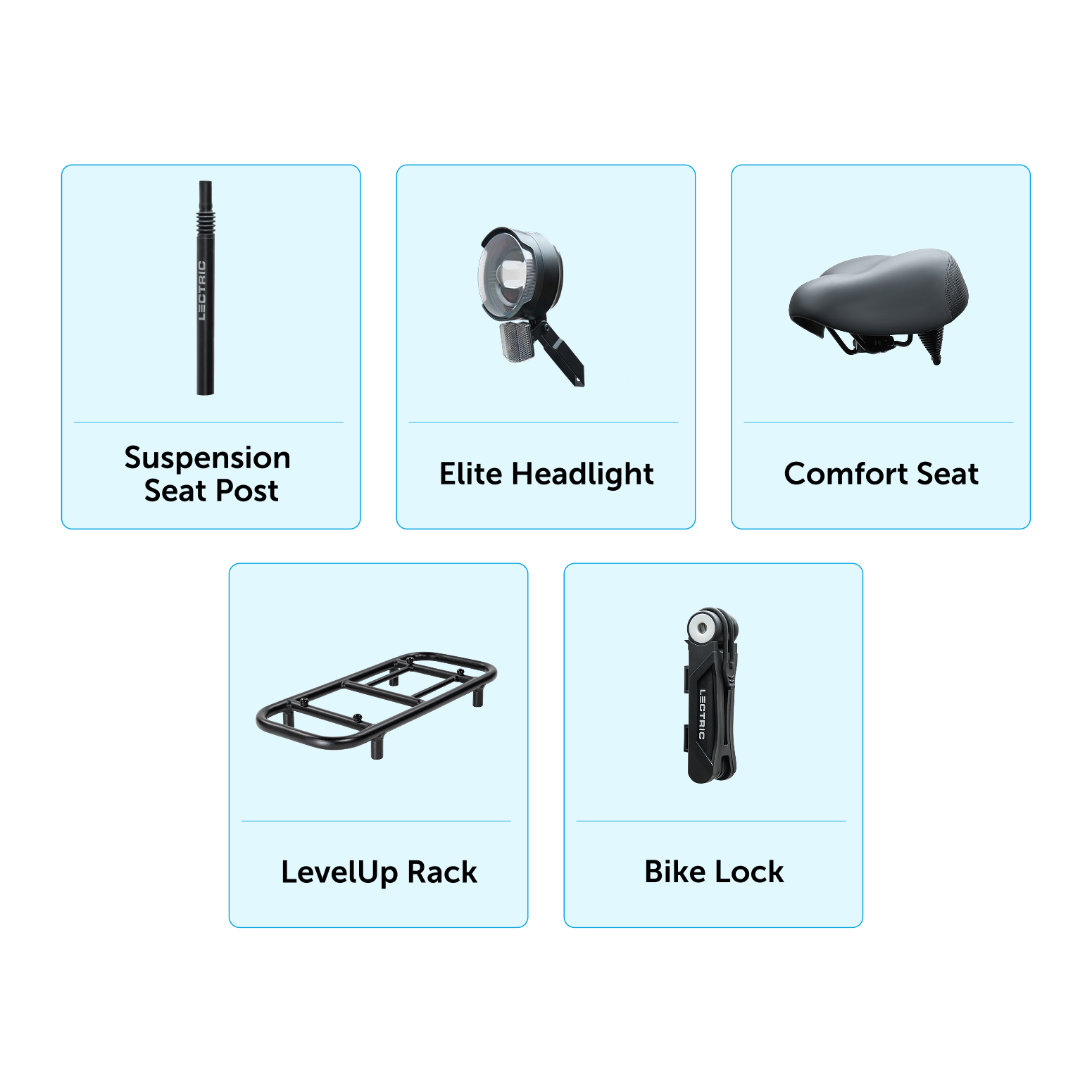 ECTRIC Suspension Seat Post, Elite Headlight, Comfort Seat, LevelUp Rack, Bike Lock