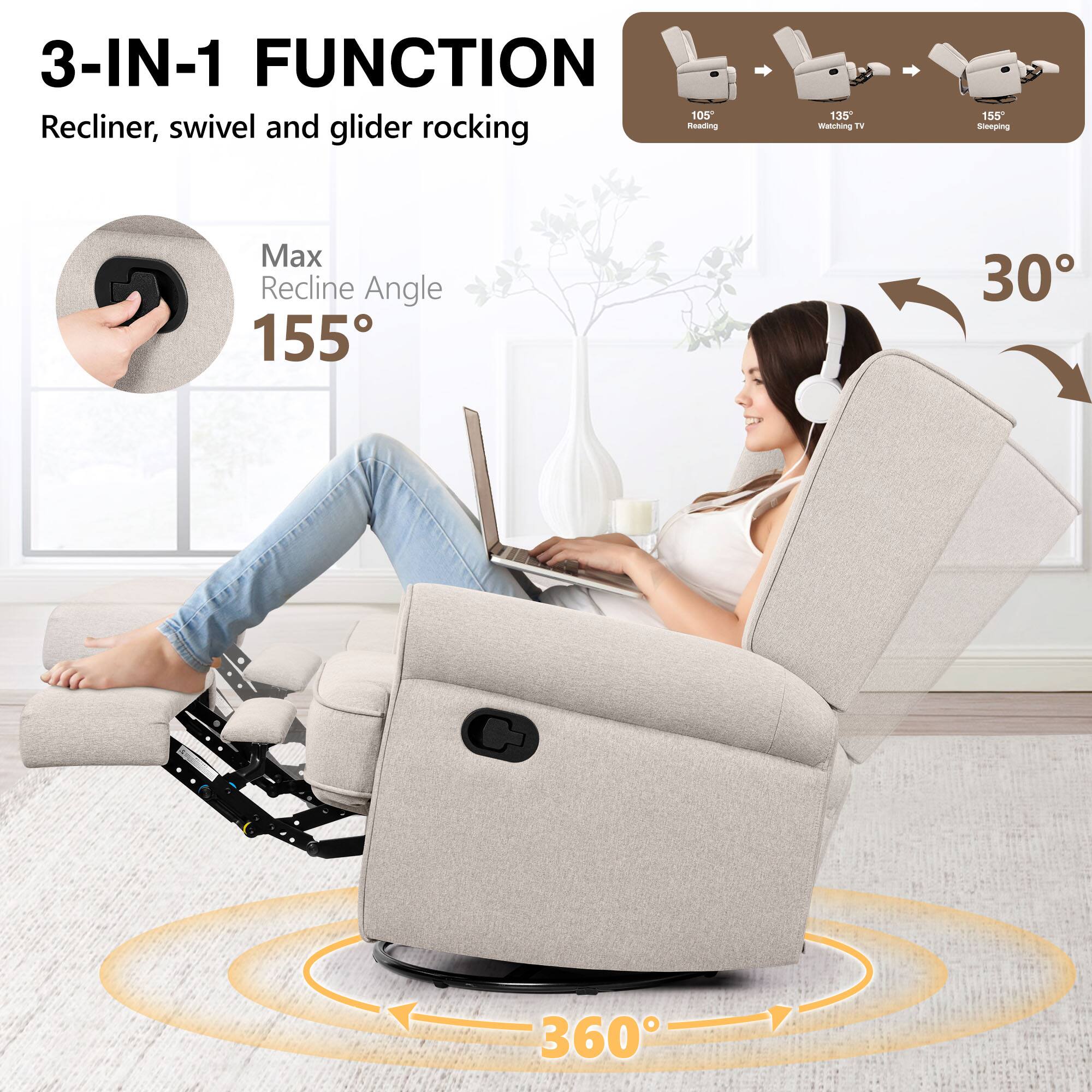 Alt View 7. Brick Attic - Recliner Chair 360 Swivel Glider, Ergonomic Living Room Chair with Armrests and Decorative Buttons - Beige.