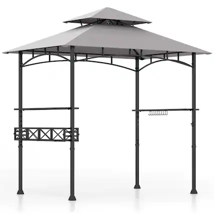 Front. Boyel Living - Gray 98.4-in L x 96-in W x 60-in H Outdoor Grill Gazebo with Side Shelves and Hanging Hooks Model BL-HYA1862GR.