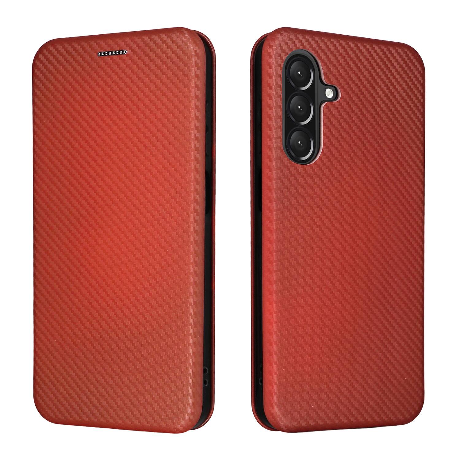 Angle. Dteck - Carbon Fiber Texture Folio Phone Case for Samsung Galaxy A26 5G,PU Leather Magnetic Closure Hidden Card Slot Flip Cover - Brown.