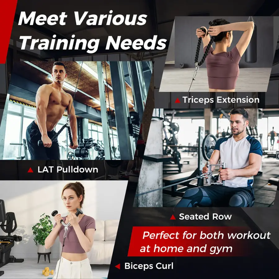 Meet Various Training Needs:

1. Triceps Extension
2. LAT Pulldown
3. Seated Row
4. Biceps Curl
5. Perfect for both workout at home and gym

The text is grouped and corrected, and it now reads as a cohesive sentence.