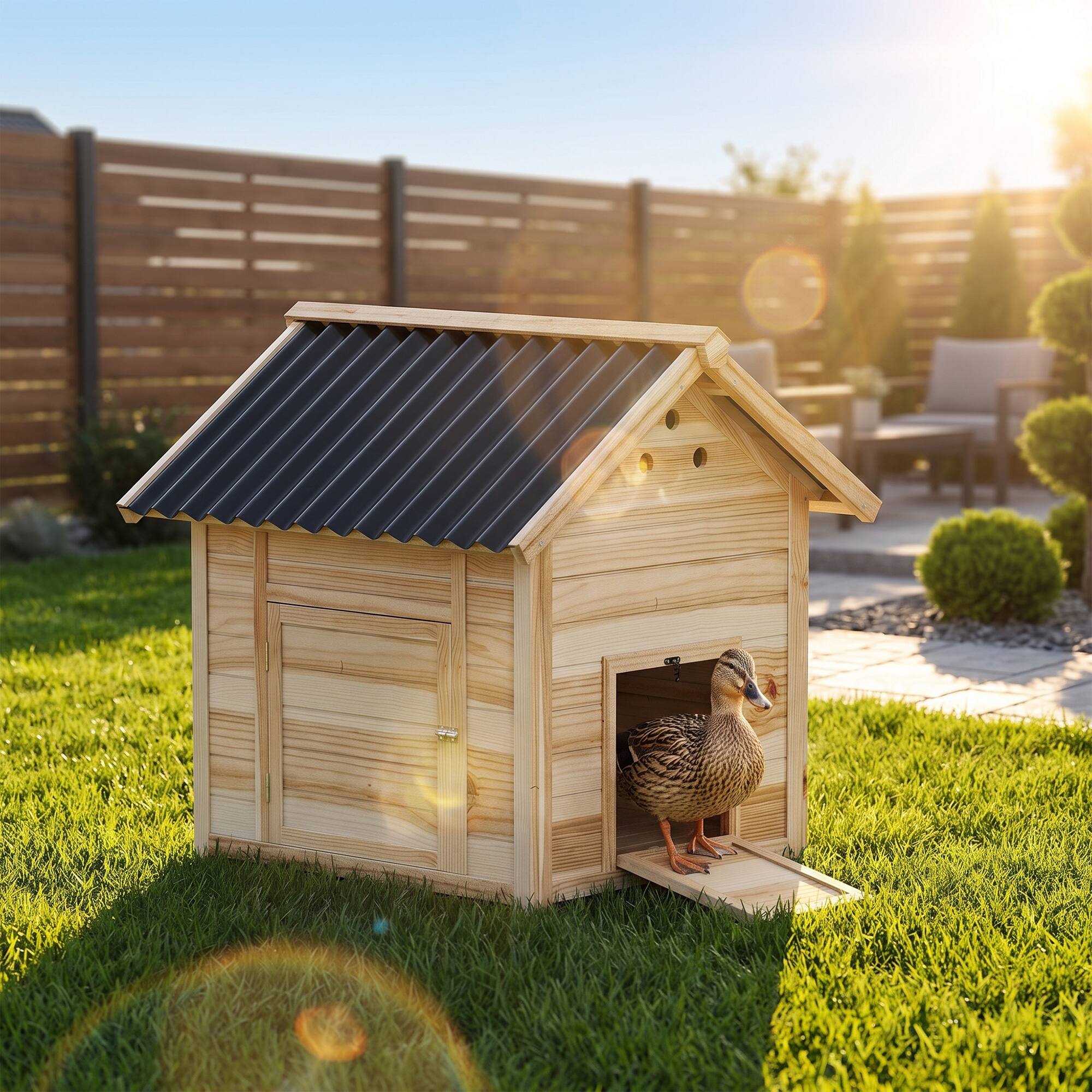 Alt View 1. Pawhut - Coop, Wooden Duck House with Openable Roof & Double Doors - Natural Wood.
