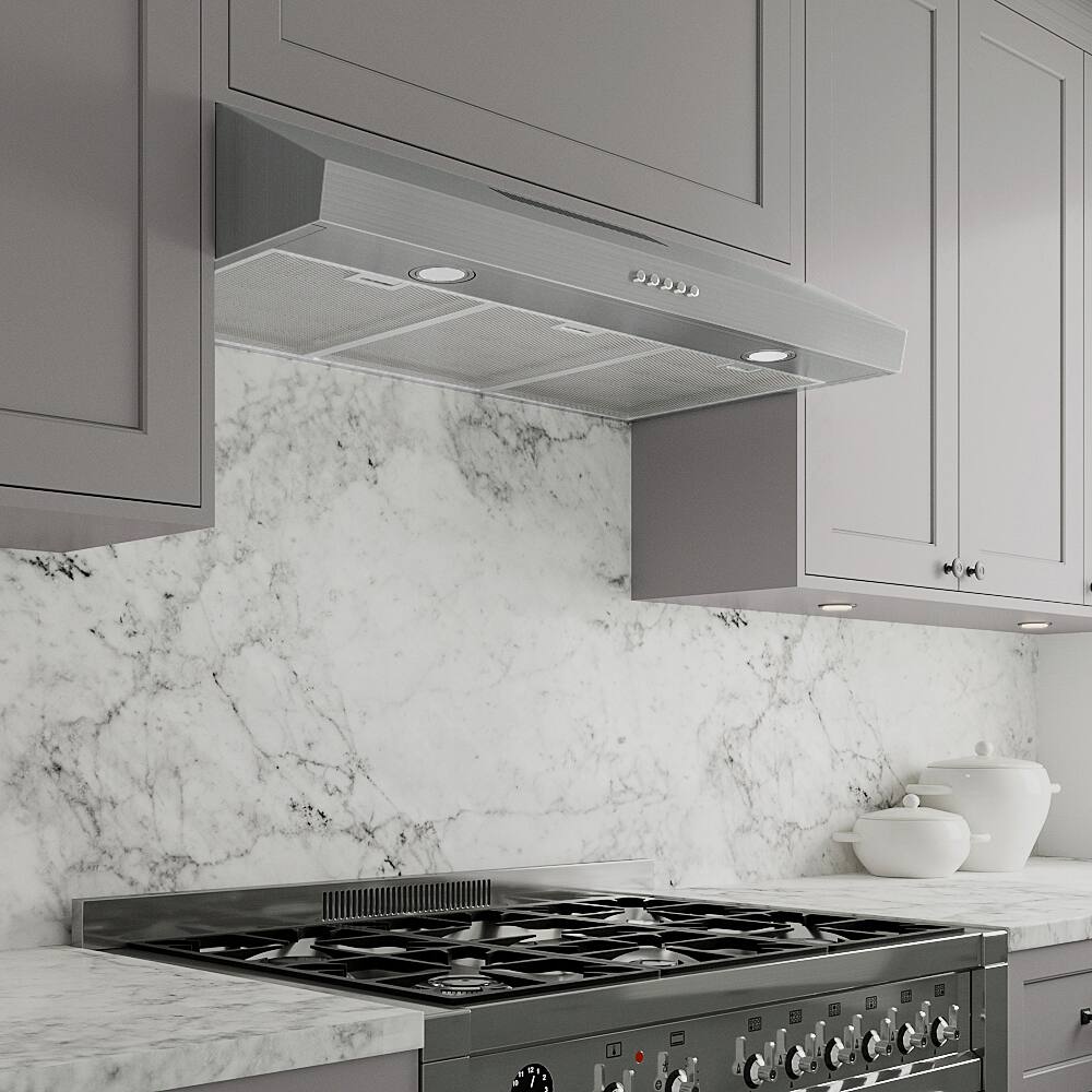 Back. Streamline - 36 in. Ostiglia Ductless Undermount 165 CFM Range Hood, Mesh Filters, Push Button Control, LED Lights - Brushed Stainless Steel.