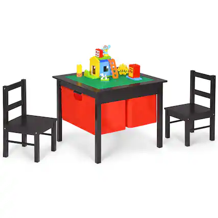 Front. Gymax - Gymax 2-in-1 Kids Activity Table & 2 Chairs Set w/Storage Building Block Table Espresso - Espresso.