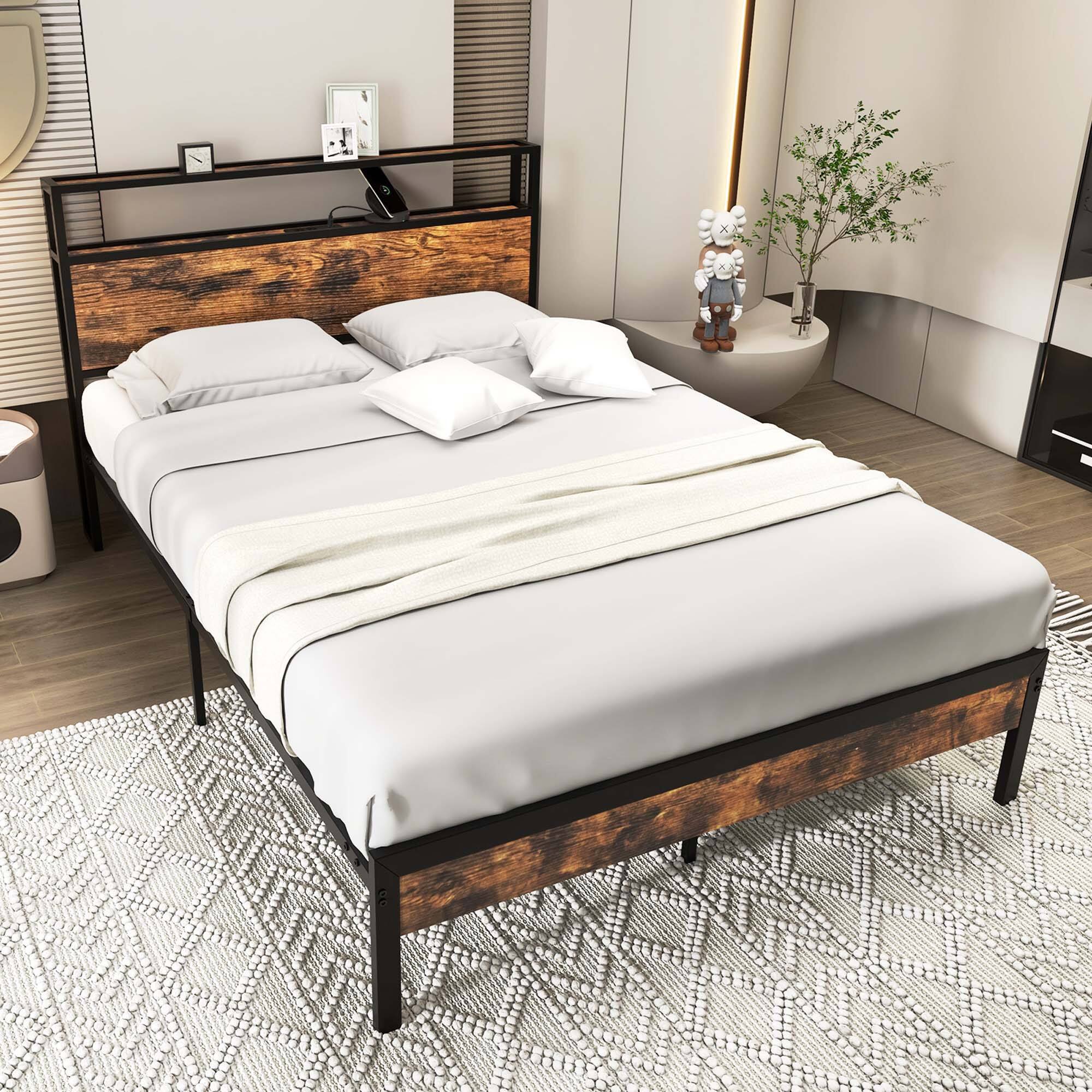 Alt View 3. Costway - Full Bed Frame with Storage Headboard Charging Station 18W USB C Port Rustic - Brown.