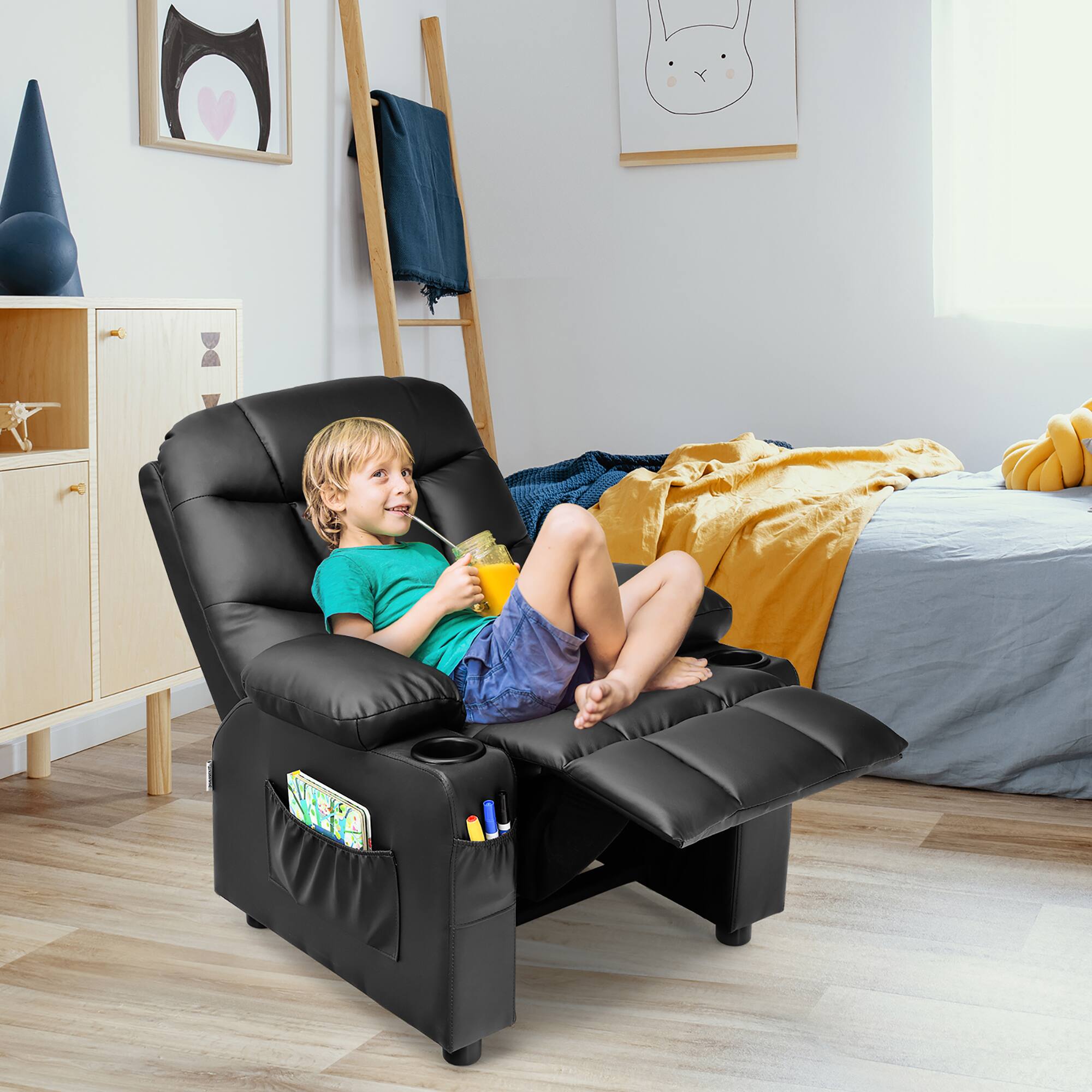 Alt View 1. Costway - Costway Kids Youth Recliner Chair PU Leather w/Cup Holders & Side Pockets - Black.
