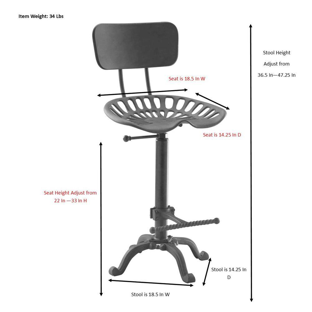 Item Weight: 34 Lbs

Stool Height
Adjust from
36.5 In-47.25 In

Seat is 18.5 In W
Seat is 14.25 In D

Seat Height Adjust from
22 In-33 In H

Stool is 14.25 In D
Stool is 18.5 In W